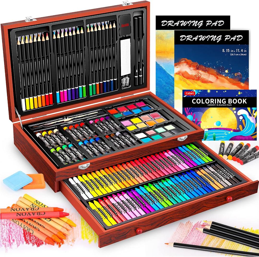 Caliart Art Supplies, 153-Pack Deluxe Art Set in Wooden Case, Crafts Drawing Painting Kits with 2 A4 Sketch Pads, Coloring Book, Christmas Birthday Gifts for Teens Girls Boys Kids Adults Artists (Cherry)