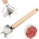 304 Stainless Steel Meat Chopper,6 Blade Ground Beef Masher with Wooden Handle, 11 Inch Potato Masher, Metal Meat Masher for Kitchen