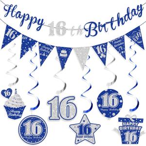 Blue & Silver 16th Birthday Banner - Happy Birthday Decorations for Men & Women - Triangle Flag Banner for Party Supplies