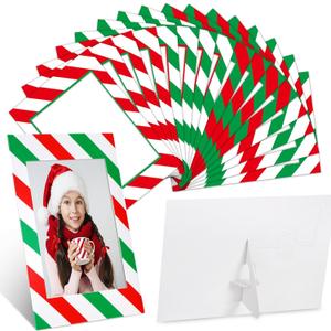 Leinuosen 120 Pcs Christmas Picture Frame Ornaments 4x6 Paper Photo Frames Bulk Cardboard Frames with Stand DIY Red and Green Photo Crafts Frame for Hanging Ornament Decorations(Stripe Theme)