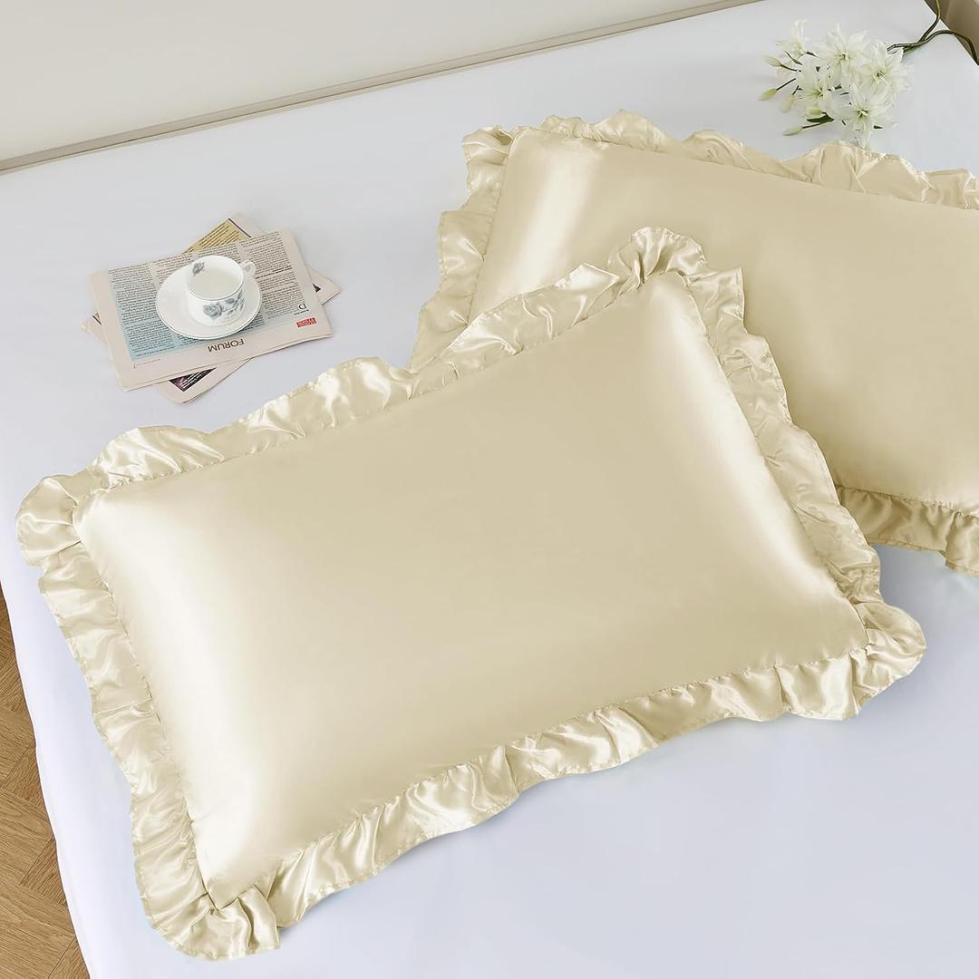 NSGZ Ruffled Satin Pillowcase Set of 1, Standard Size Silky Pillow Shams for Hair and Skin Care, Beige Satin Pillow Covers with Envelope Closure, Anti Wrinkle Pillow Cases for Bohemian Room Decor