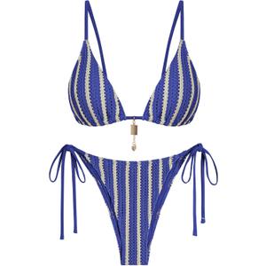 ZAFUL Crochet Bikini Sets for Women Cheeky Boho Bathing Suits Striped Brazilian High Cut Thong Bikini Swimsuit for Vacation (S)