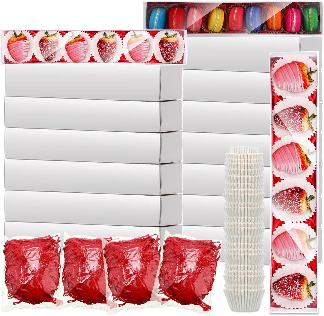 Cholemy 40 Sets Valentine Chocolate Strawberries Boxes with Clear Window 250 Pcs Paper Food Trays 4 Bags Raffia Bakery Macaron Boxes Disposable Serving Trays Gifts 12 x 2. 2 x 2 Inches(White)
