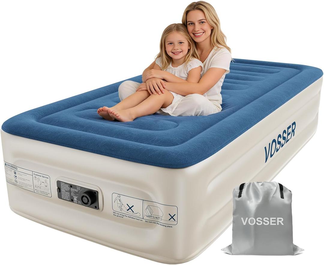 VOSSER Twin Air Mattress with Built-in Pump,Fast & Easy Inflation/Deflation Inflatable Mattress, Foldable Blow Up Mattress with Storage Bag, Inflatable Bed for Home, Camping & Guests
