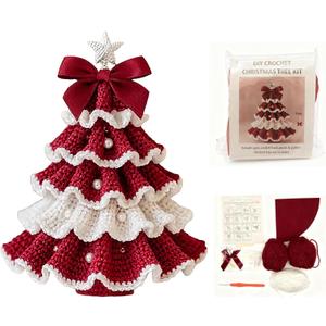 DIY Crochet Christmas Tree Kit  Handmade Holiday Decoration Set,Parent-child activities craft kit,Tree Bow Pearl Embellishment,Cross-stitch by hand,Festive decorations (Multicolour) (Red & White)