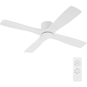 WINGBO 60 Inch Flush Mount DC Ceiling Fan without Lights, 4 Reversible Carved Wood Blades, 6-Speed Noiseless DC Motor, Hugger Ceiling Fan No Lights in Gloss White with White Blades