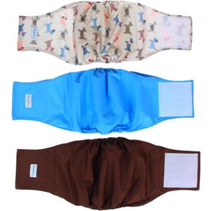 Teamoy Reusable Wrap Diapers for Male Dogs, Washable Puppy Belly Band Pack of 3 (L1, 16"-20" Waist, Light Blue+ Dogs+Coffee)