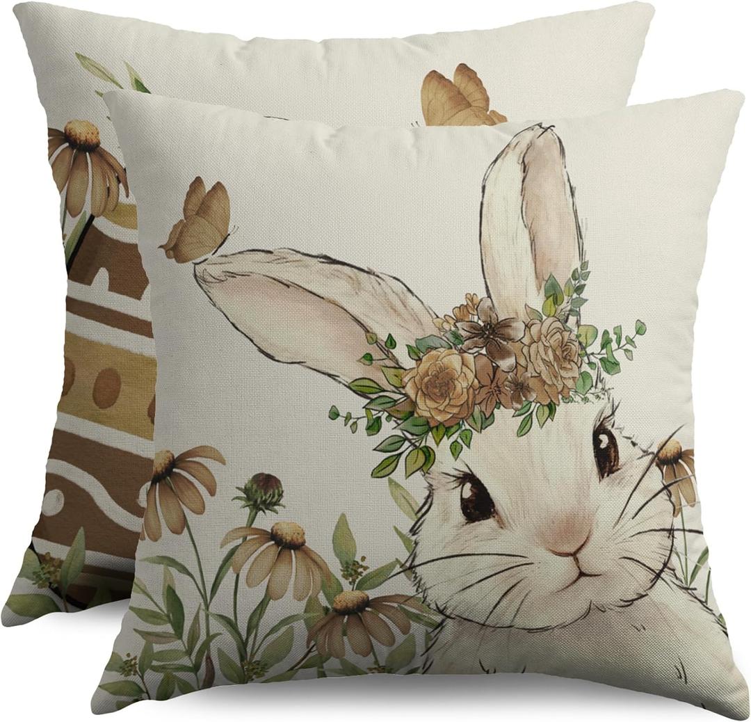 Spring Easter Pillow Covers 18X18 Set of 2, Bunny Rabbit Brown Floral Butterfly Easter Egg Holiday Decorative Throw Pillowcases Vintage Seasonal Outdoor Farmhouse Cushion Cases Couch Sofa Bed Decor