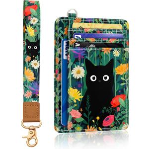 Cat Flower Credit Card Holder Slim Wallet, RFID Wallet Women Front Pocket Wristlet Lanyard, Small Card Holder Travel Funny Cute Thin ID Window PU Leather Case Organizer Gifts Girl