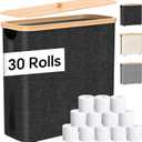 Toilet Paper Storage with Bamboo Lid, 33.8L Foldable Toilet Paper Basket Organizer Holder for up to Regular 30 Rolls Or 12 Mega Rolls, Waterproof Free Standing Toilet Paper Holder for Bathroom, Black