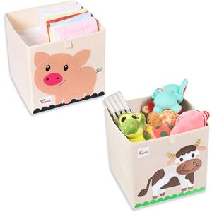 2 Pcs Toy Storage Box, 13 x 13 x 13 Inch Foldable Cube Storage Bins, Collapsible Fabric Animal Toy Bins Chest Basket for Kids Baby Toddlers Organizer (Cow & Pig)
