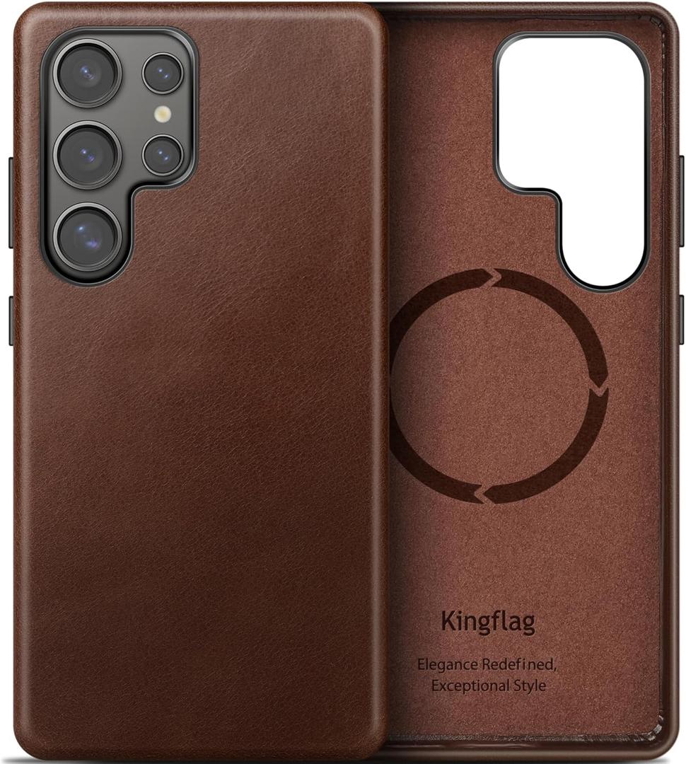 Genuine Leather Case for Samsung Galaxy S25 Ultra, Compatible with Magsafe, Oil Wax Top-Grain Leather, Metal Buttons (Rustic Brown, S25 Ultra)