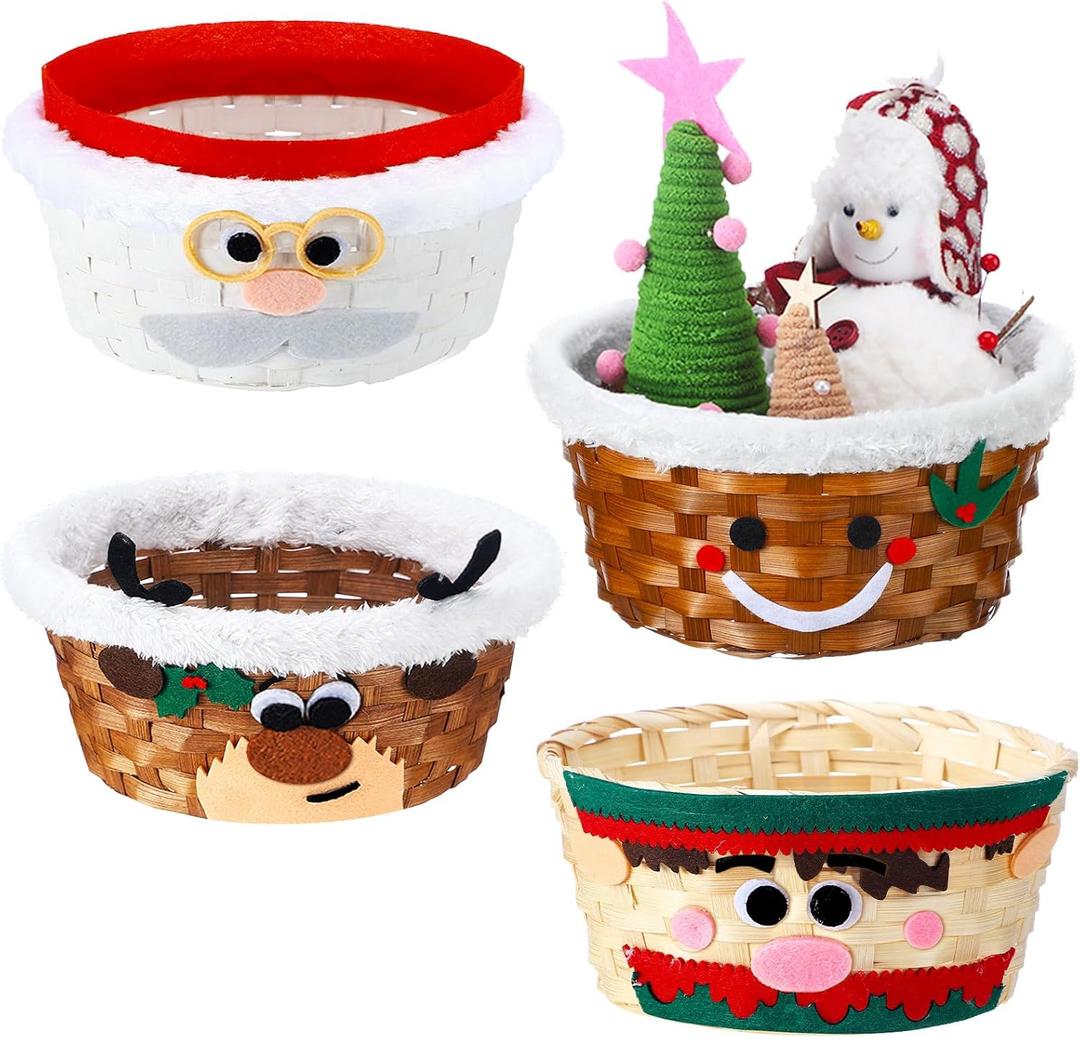 Youyole 4 Pieces Christmas Basket for Gifts Woven Bamboo Xmas Round Gingerbread Basket Small Santa Claus for Christmas Party Supplies Gift Snack Storage (Cute)