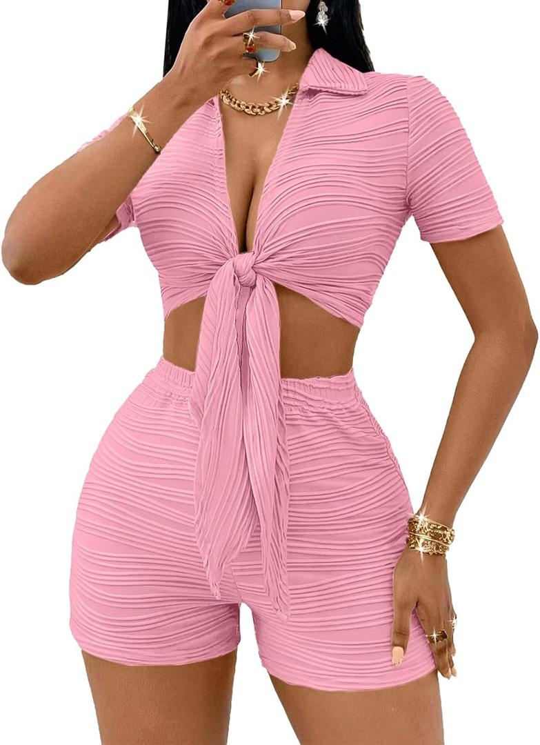 MSLG Women's Sexy 2 Piece Set Solid Summer Bodycon Suit Casual Tie Front Short Sleeve V Neck Crop Top Shorts Outfits Sets S42, XL