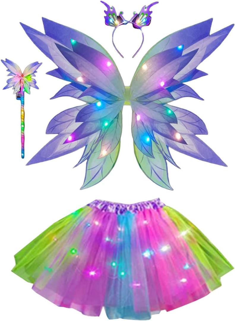 Girls Fairy Halloween Costume, Kids Light-up Tulle Skirt Butterfly Wings Fairy Stick Headband for Cosplay Party Favor, One Size, 4Pcs, Gradient Purple