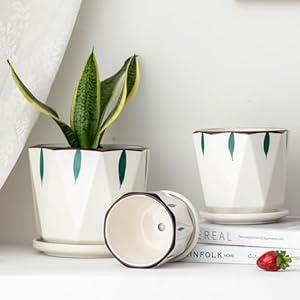 Sin wings 7 5 4 inch Plant Pots for Indoor, Hand Painting Ceramic Flower Planter Outdoor Set of 3 with Drainage and Saucer, Succulent Pots for Mom Family