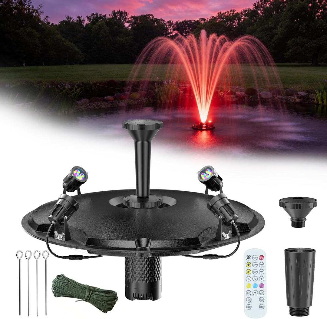 POPOSOAP Floating Fountain with LED Lights, Pond Fountain and Aerator Complete Kit with 1200GPH Water Pump 30FT Power Cord, 3 Spray Styles for Ponds, Pool, Lakes & Water Gardens P145