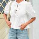 Tankaneo Womens Tie Front Tops Summer Peplum Babydoll Puff Short Sleeve Blouse Cute Cotton Shirts (White, XXL)