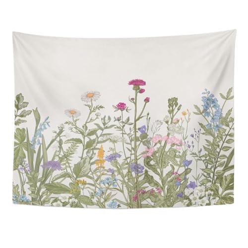 TOMPOP Tapestry Vintage Floral Border Herbs Wild Flowers Botanical Engraving Style Colorful Field Vegetation Home Decor Wall Hanging Living Room Bedroom Dorm 60x80 inches