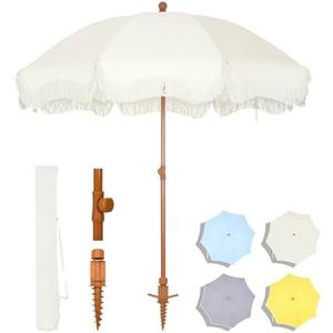 MFSTUDIO 7ft Patio Beach Umbrella with Fringe, Tassel Umbrellas UPF50+ with Sand Anchor & Tilt Button, Holiday Outdoor Umbrella with Carry Bag, Ideal for Garden Lawn Poolside, Ivory