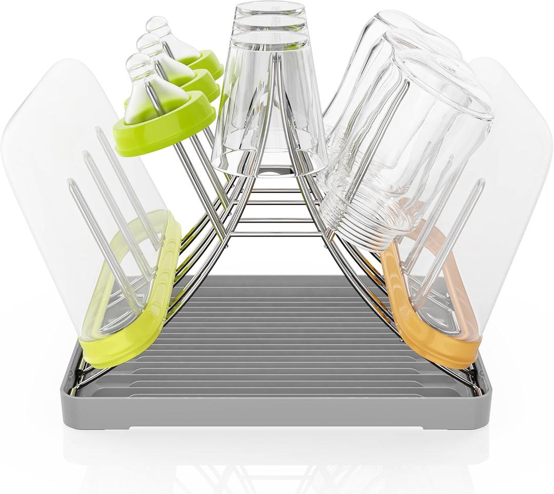 Baby Bottle Drying Rack, Space Saving Bottle Drying Tree Rack with Drainboard for Cups, Mugs and Glass, Sports Bottle, Holds Up to 15 Baby Bottles Foldable,Stainless Steel,