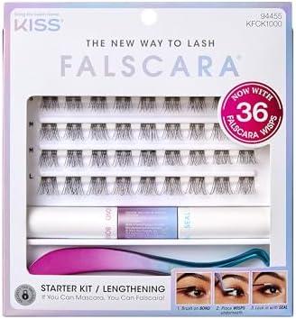 FALSCARA Complete DIY Eyelash Extensions Starter Kit, Bond & Seal, Precision Applicator & 36 Lengthening 10mm-12mm Natural Volume Lash Extension Wisps, Sporty Style & Rounded Shape
