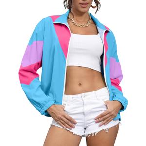 UOUA 80s Windbreaker Jacket for Women Retro Color Block Wind Breaker Long Sleeve Reversible Casual Coat (Small, Blue)