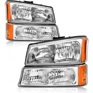 Headlights Assembly for 2003-2006 Chevy Silverado 1500/2500/3500 | 2003-2006 Avalanche 1500/2500 | 2007 Chevy Silverado Classic Chrome Housing Amber Reflector Replacement Pair