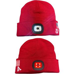 LED Beanie Hat with Rechargeable Headlight & Rear Red Light, 3 Modes, USB Charging, Warm Winter Cap with USA Logo