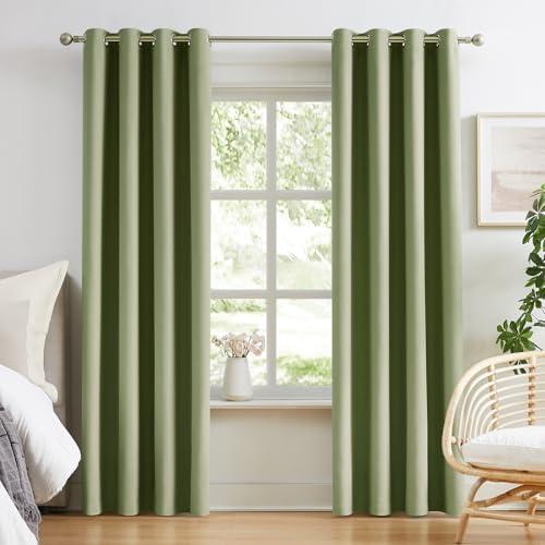 Melodieux Blackout Curtains for Bedroom Cotton Textured Curtains 96 inch Length 2 Panels Set Grommet Window Curtains for Living Room Thermal Insulated Privacy 100% Blackout Drapes (Sage, 42 x 96 Inch)