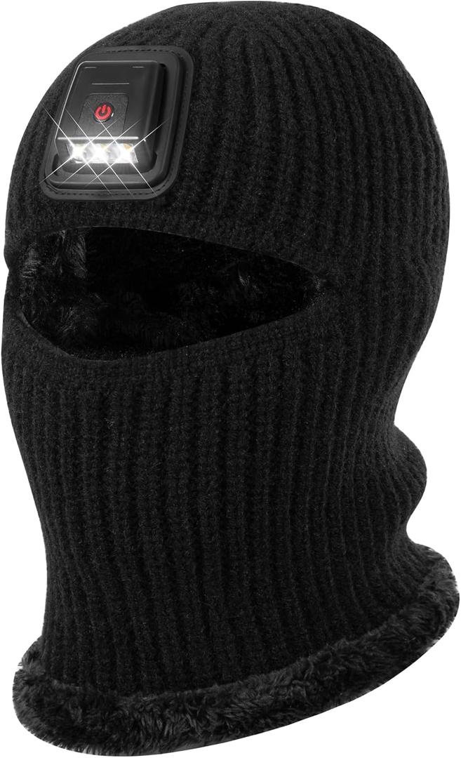 Kids Balaclava Knitted Warmer Windproof Hat Full Ski Face Mask Winter Warm Skull Cap with Light Boys Girls (Black)
