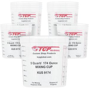 Custom Shop Paint Mixing Cups, 5-Quart (12 Pack) - Plastic Measuring Cups for Liquids, Automotive Painting, Epoxy Resin, Acrylic Arts, Crafts, Disposable or Reusable, Graduated, Mixing Ratios, 12 Count
