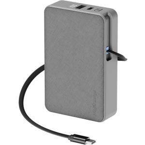 myCharge RetractaCharger 10000mAh Power Bank – 28" Retractable USB-C Cable | 30W PD Fast Charging | Digital Battery Display | USB-C/A Ports | Up to 60 Hrs Extra Power | Premium Grey Fabric