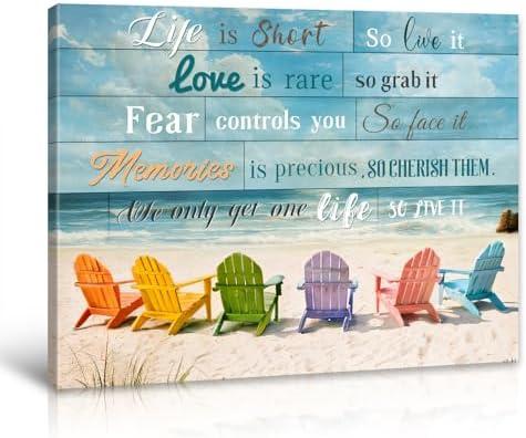 BLINFEIRU Motivational Beach Wall Art - Coastal Inspirational Quotes Wall Decor, Ocean Seascape Beach Chair Canvas Prints, Seaside Sea Wave Pictures for Bathroom Bedroom Office Decor, Framed 16"x12"