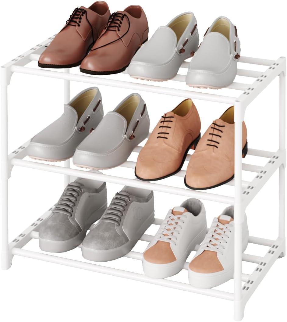 Small Stackable Shoe Rack,Narrow Kids Shoe Stand,Metal Shoe Storage Shelf for 6-8 Pairs ofShoes Entryway and Closet Hallway (3-Tier, White)