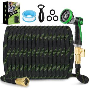 Non-Expandable Garden Hose 100 ft, Ultra Lightweight & Flexible Water Hose With 10-Pattern Spray Nozzle, Full Length Leak-Proof Design, High-Density Fabric & Shut-Off Valve, Hose Straps (Green-Twill Pro)