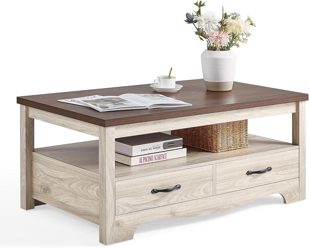 LINSY HOME Farmhouse Coffee Table with Storage, Wood Coffee Table for Living Room, Open Display Area and Storage Drawers with Metal Handles, Chic Style with Curved Base. Oak and Brown, 23.2''Dx41.3''Wx18''H