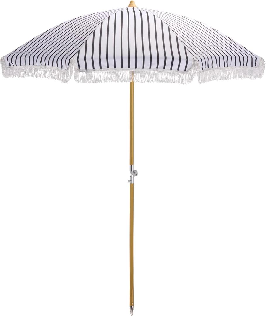 SAFAVIEH Outdoor - Bella 6.5 FT Beach Umbrella - Canopy with White Fringe Trim, Tilt Function, Aluminum Pole, Weather Resistant for Beach, Patio, Garden (PAT8504)