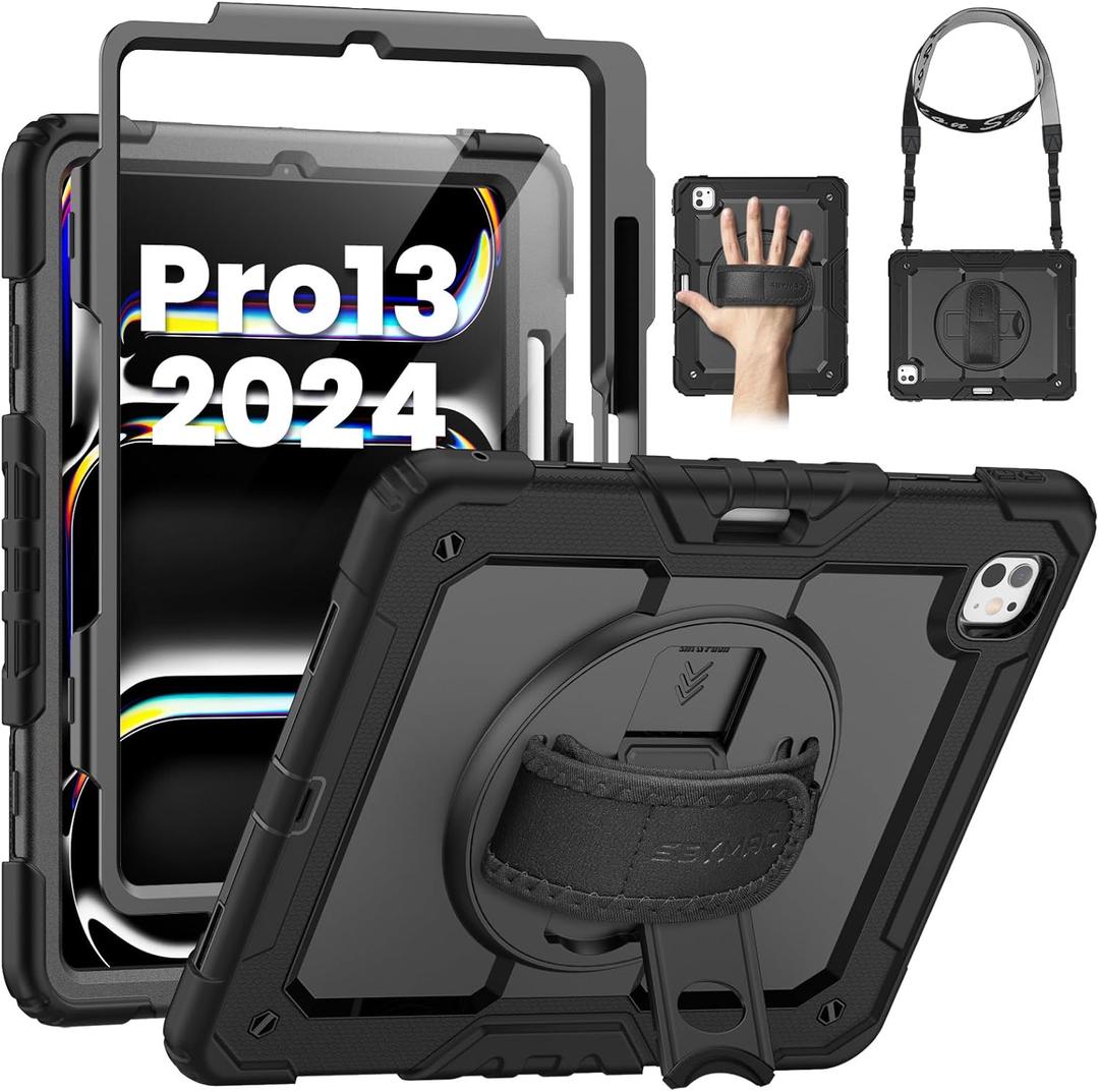 SEYMAC for iPad Pro 13 Inch Case 2024 M4 (7th Generation), Heavy Duty Shockproof Protective Case with Screen Protector, 360 Rotating Stand, Hand/Shoulder Strap and Pen Holder, Black