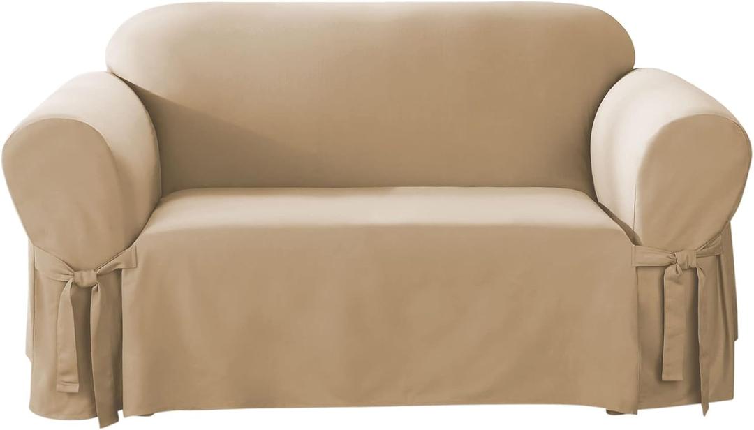 SureFit Cotton Duck Loveseat Box Cushion One Piece Slipcover, Furniture Cover, Relaxed Woven Fit, 100% Cotton, Machine Washable, Tan