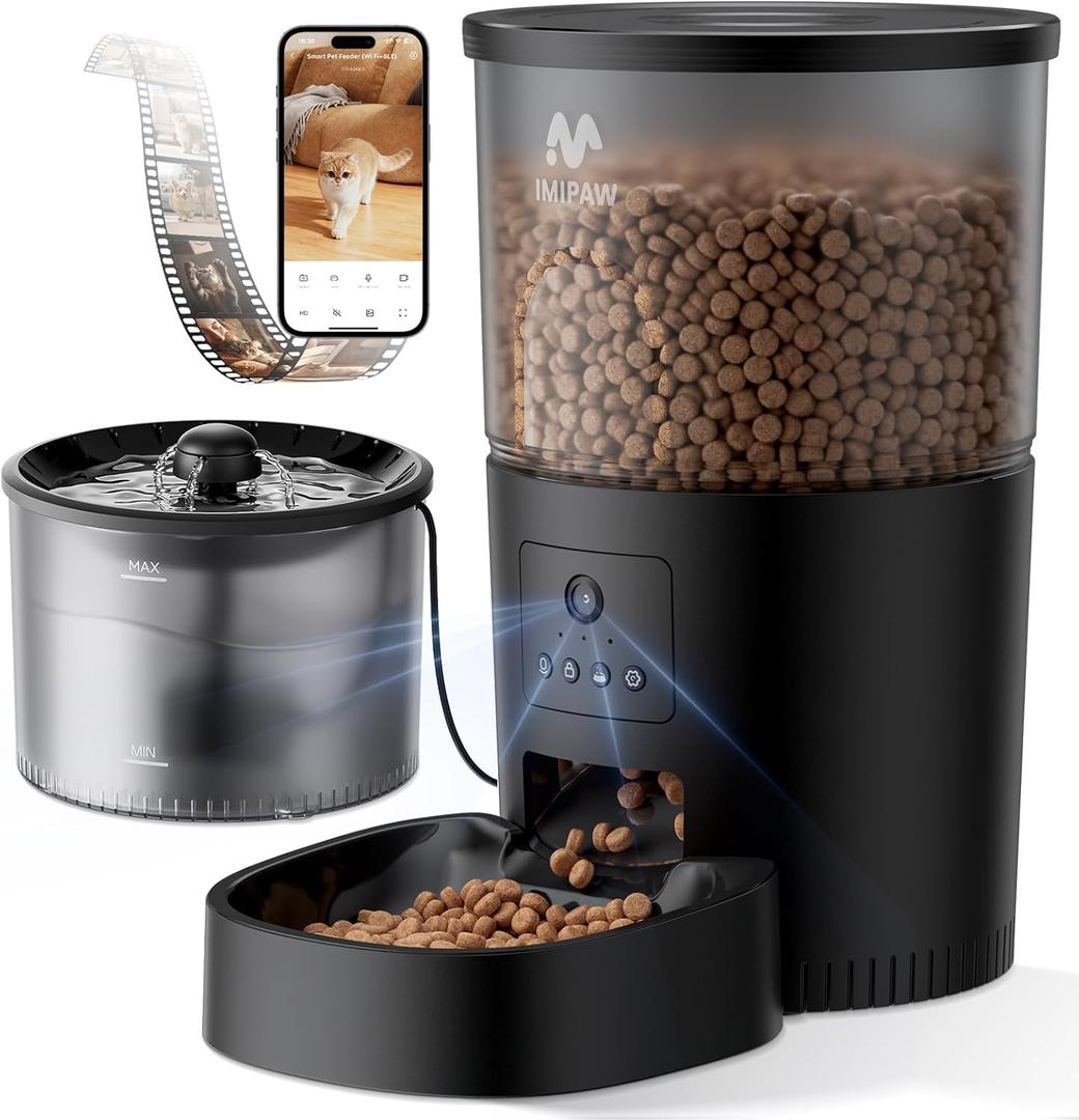 IMIPAW Automatic Cat Feeder with Camera and Water Fountain, HD AI Pet Recognition, APP Remote Control, Timed Food Dispenser, Two-Way Audio, Night Vision Function, 3L Fountains for Drinking with Filter (Black)