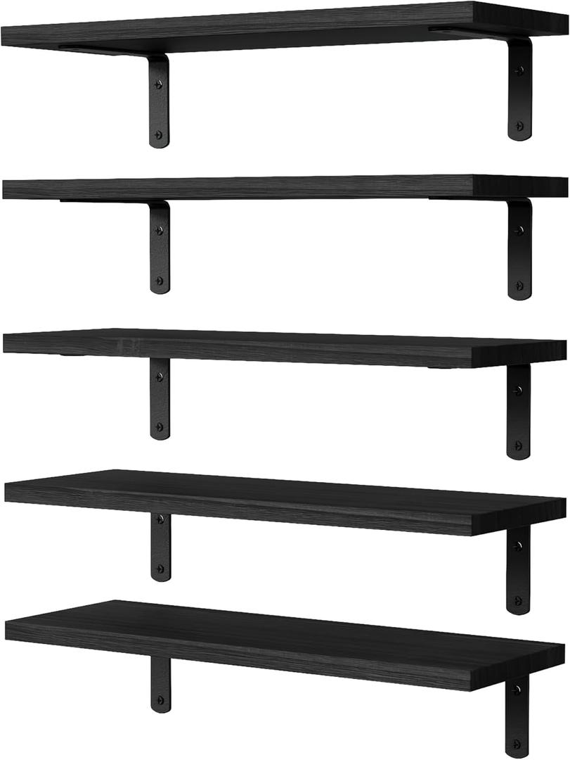 DOLLFIO Floating Shelves, 5 Sets Wall Shelves, Wood Floating Shelves for Bedroom Wall Dcor, Wall Mounted Floating Bathroom Shelf for Storage, Floating Book Shelf, Living Room Black