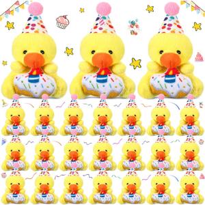Gejoy 24 Pcs Birthday Mini Duck Stuffed Animal Tiny Birthday Duck Doll Small Soft Plush Keychain with Hat for Exchange Gifts Party Favors Bag Fillers Prizes Reward Gifts