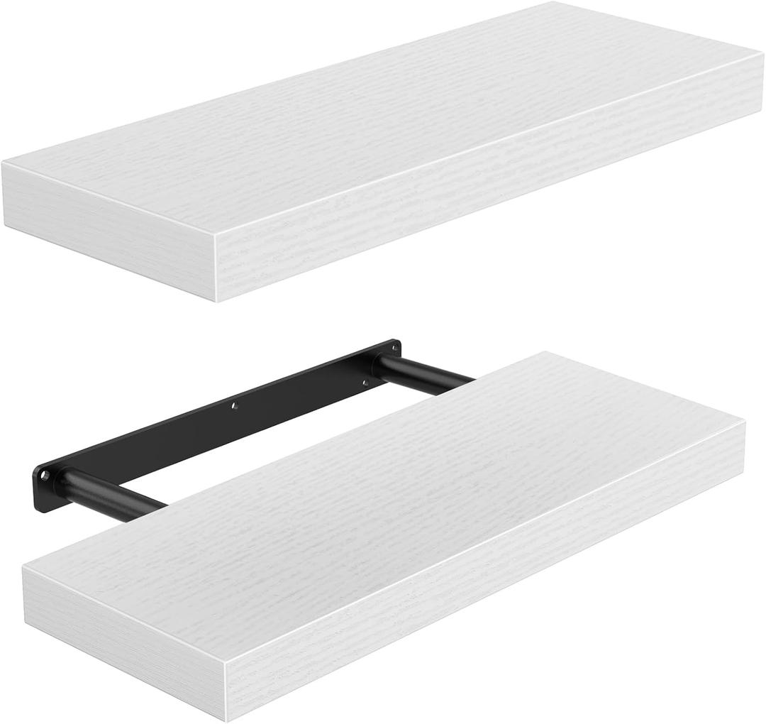 Amada HOMEFURNISHING Floating Shelves Wall Mounted, 15 x 7 Inch Wall Shelves for Bathroom, Bedroom, Living Room, White Shelves Set of 2