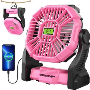 20000mAh Solar Fan with LED Lantern, 10W Solar Panel Rechargeable Battery Powered Camping Fan for Outside, 9 Inch Portable Battery Operated Hurricane Supplies for Picnic, Barbecue, Fishing, Travel (Pink)