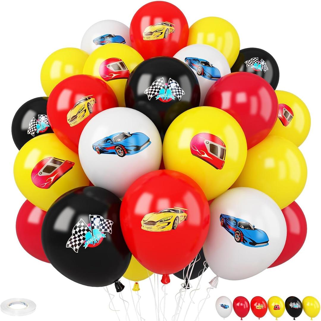 Race Cars Balloons,30 Pcs 12inch Red Yellow White Balloons Race Printed Latex Balloon for Checkered Flags Racing them Party Boys Birthday Fast Gathering Decorations Supplies