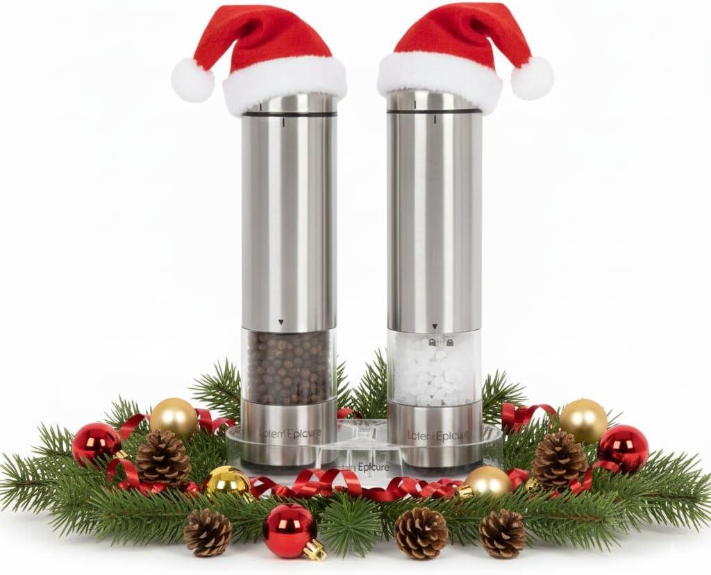 Electric Salt & Pepper Grinder Set  Battery Operated Stainless-Steel Mills & Shakers with Light, Adjustable Ceramic Grinders & Acrylic Rest Tray