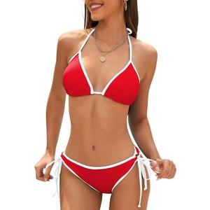 String Triangle Bikini Set for Women Halter 2 Piece Tie Side Swimsuit (Red) S