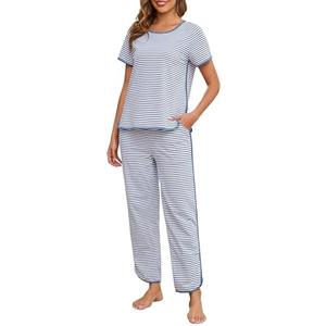 Namatime Womens Pajama Sets Cotton 2 Piece Lounge Set Stripe Short Sleeve Pj Set Comfy Loungewear Sleepwear with Pockets, XL
