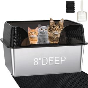 XXL Stainless Steel Litter Box with Lid, Extra Large High Sided Litter Box for Big Cats or Multiple Cats, Anti-Splashing, Easy Clean, No Smell, Transparent Black Enclosure